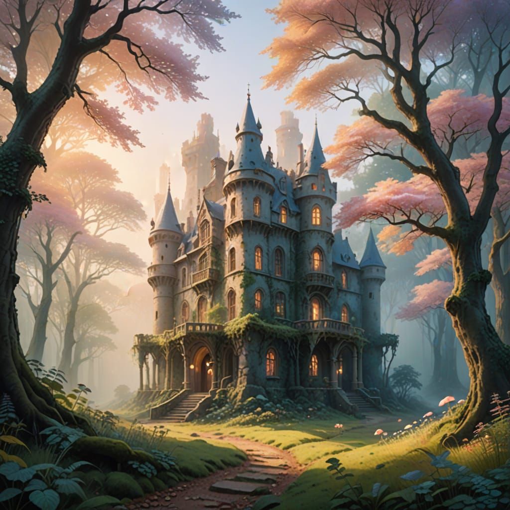 Whimsical Castle Ruins in Soft Watercolor Fantasy Landscape