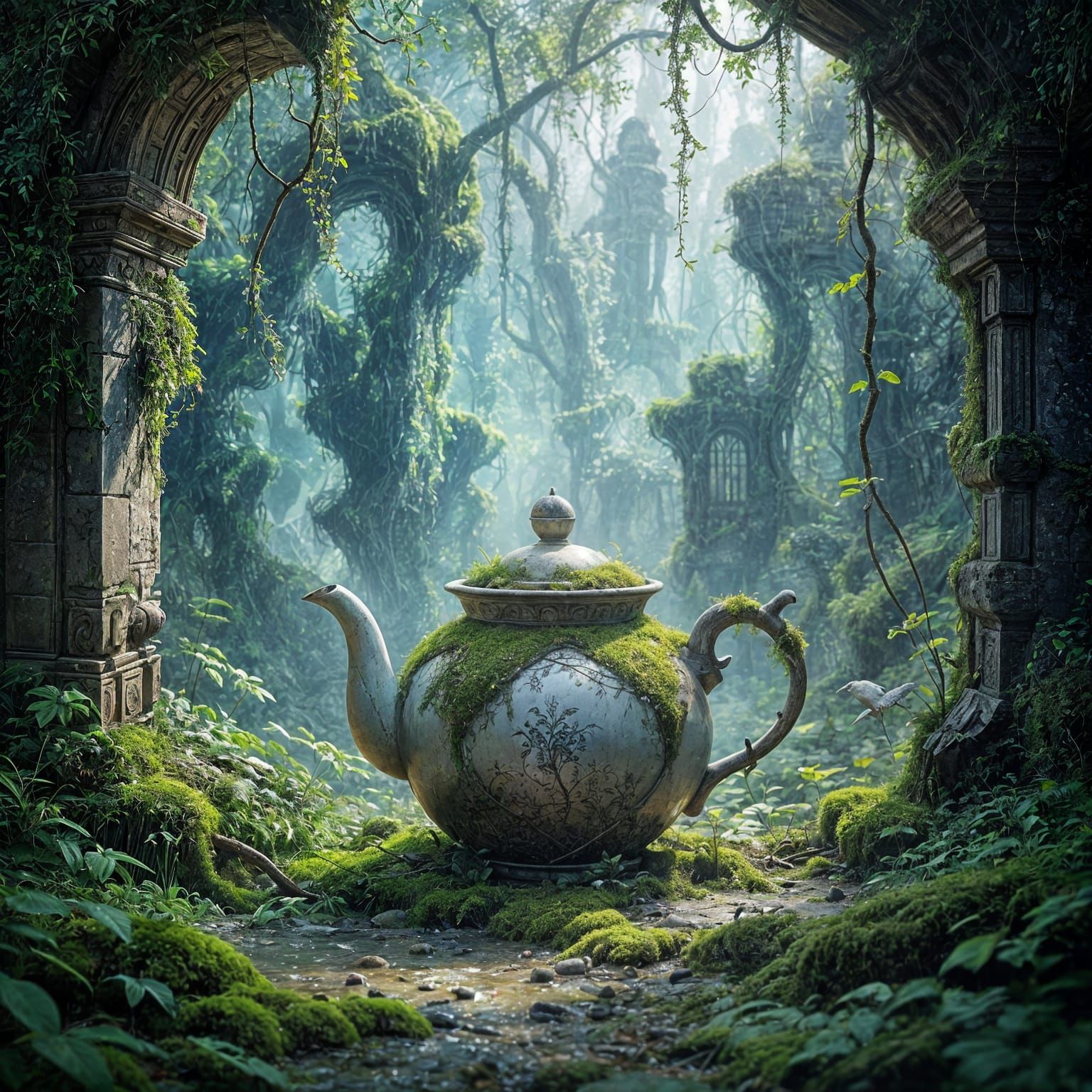 Mystical Jungle City Teapot in Surreal Concept Art