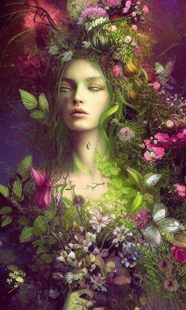 Green Goddess Surrounded by Intricate Flowers