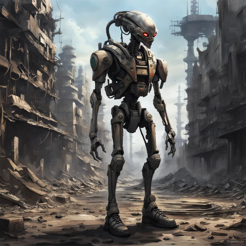 Anime-Style Alien Cyborg in Dystopian Sci-Fi Landscape