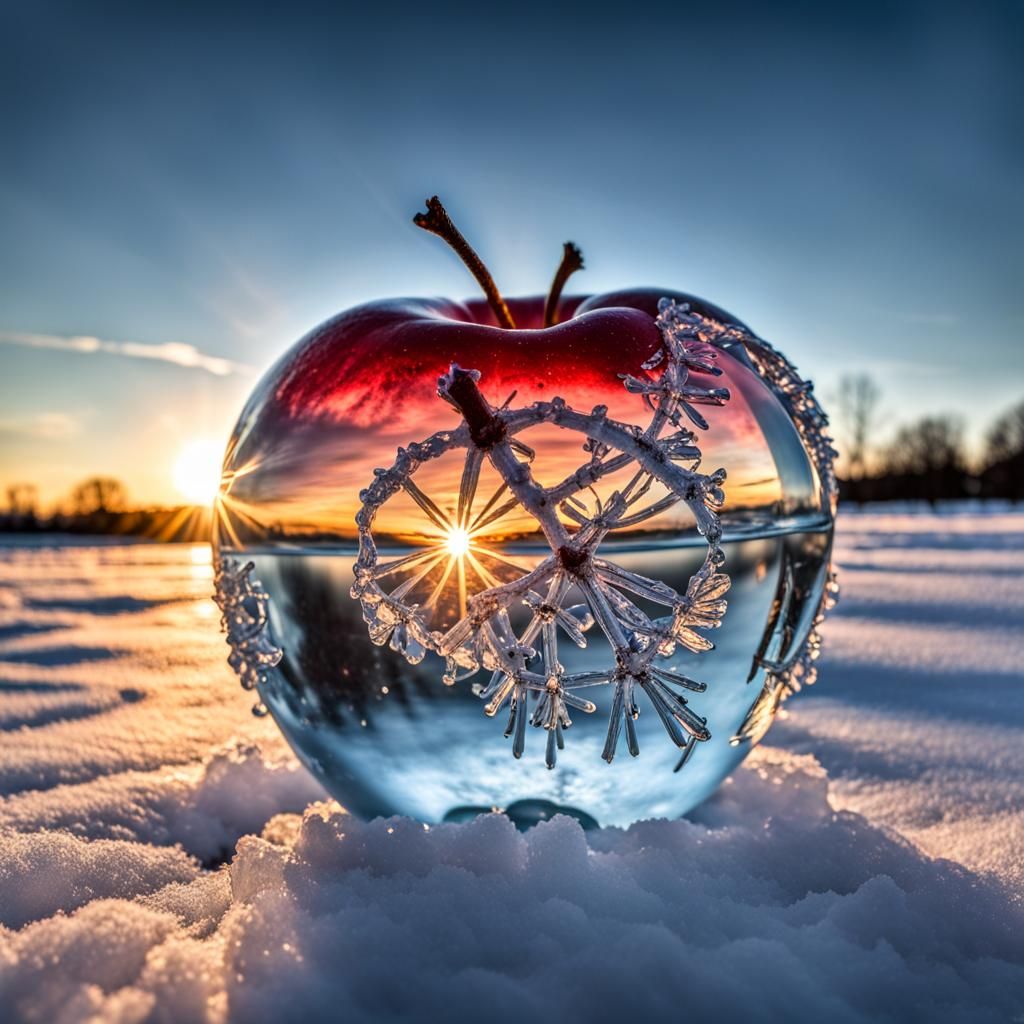 Apple in Ice Crystals Falling on Winter Afternoon