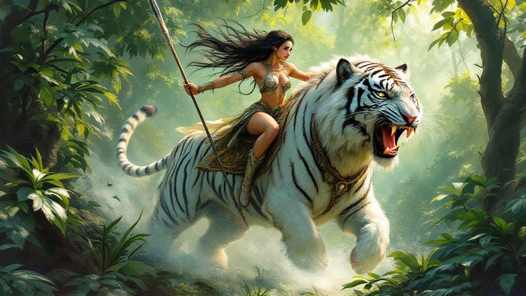 Ethereal Elven Warrior Rides a Roaring Tiger in Vibrant Jung...