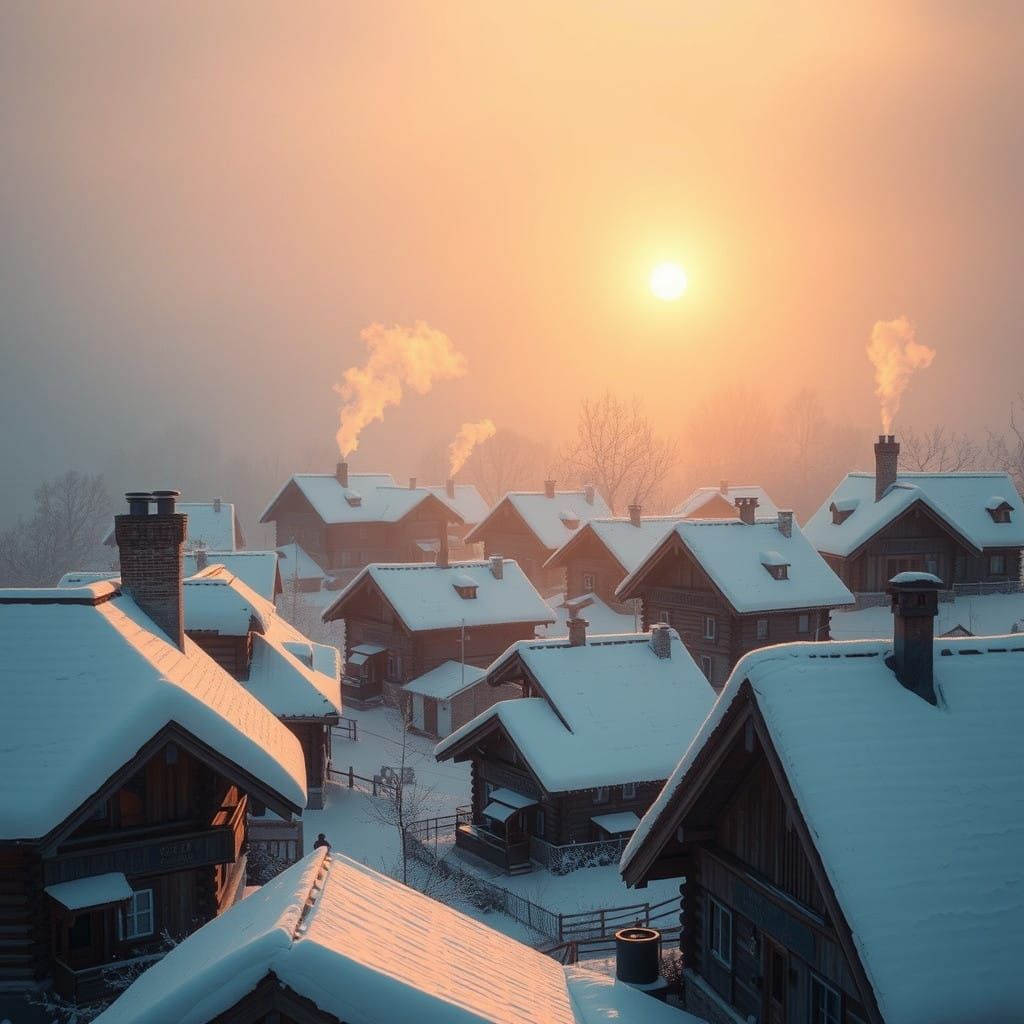 Surreal Winter Village in Warm, Golden Tones