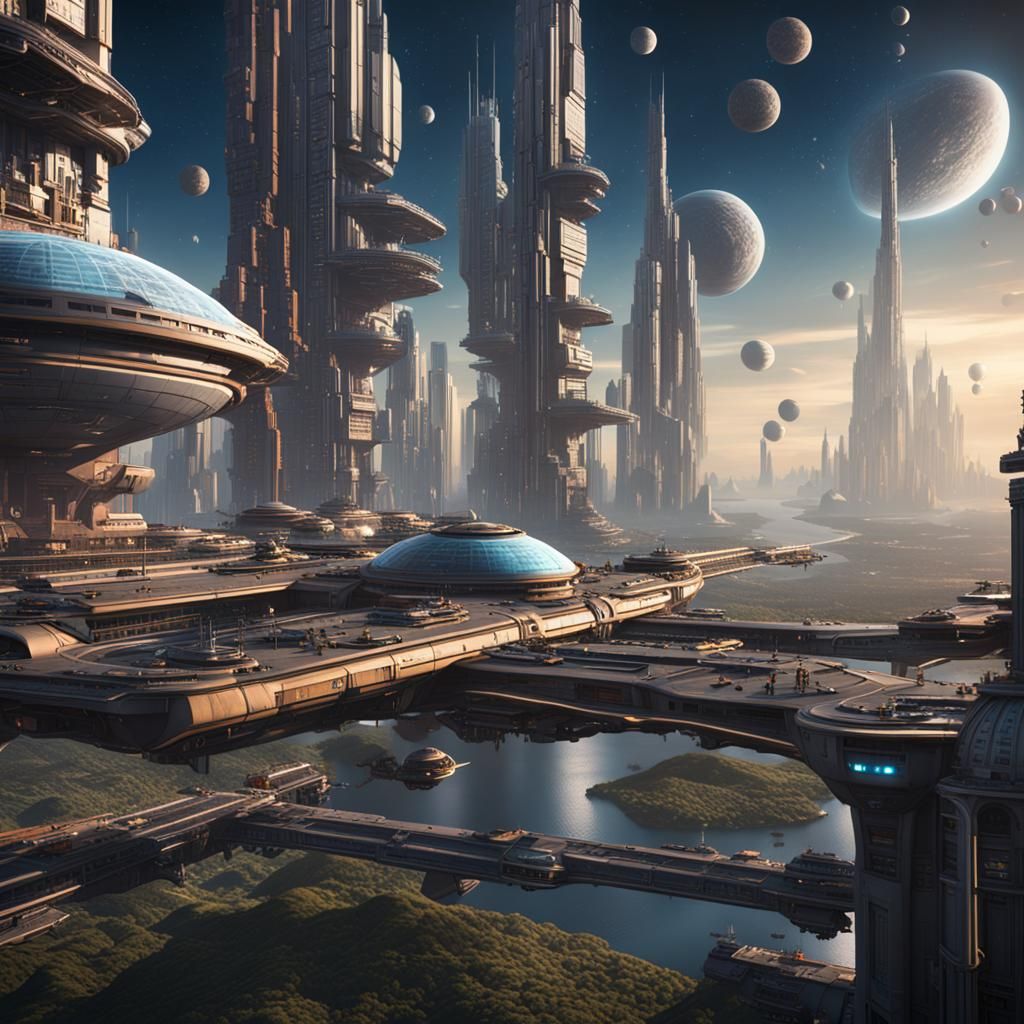 Futuristic Interconnected Space Station City, Matte Painting