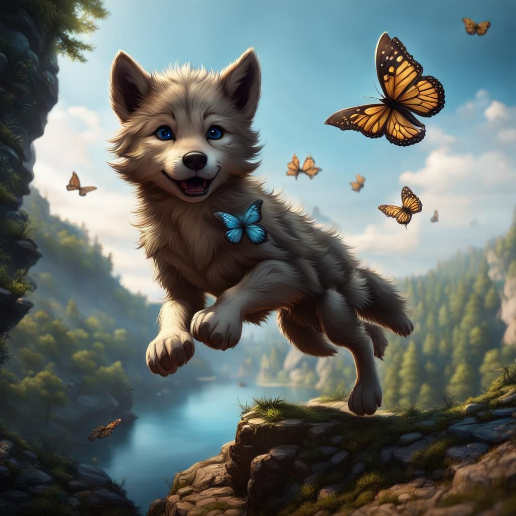Wolf Cub's Butterfly Chase: Fantasy Concept Art