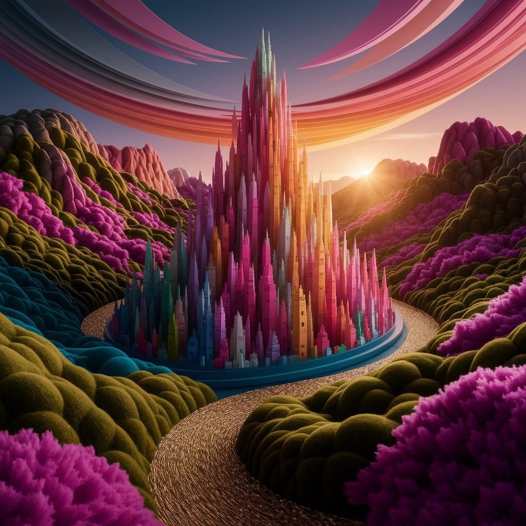 Felt Cityscape at Sunset in Matte Painting Style