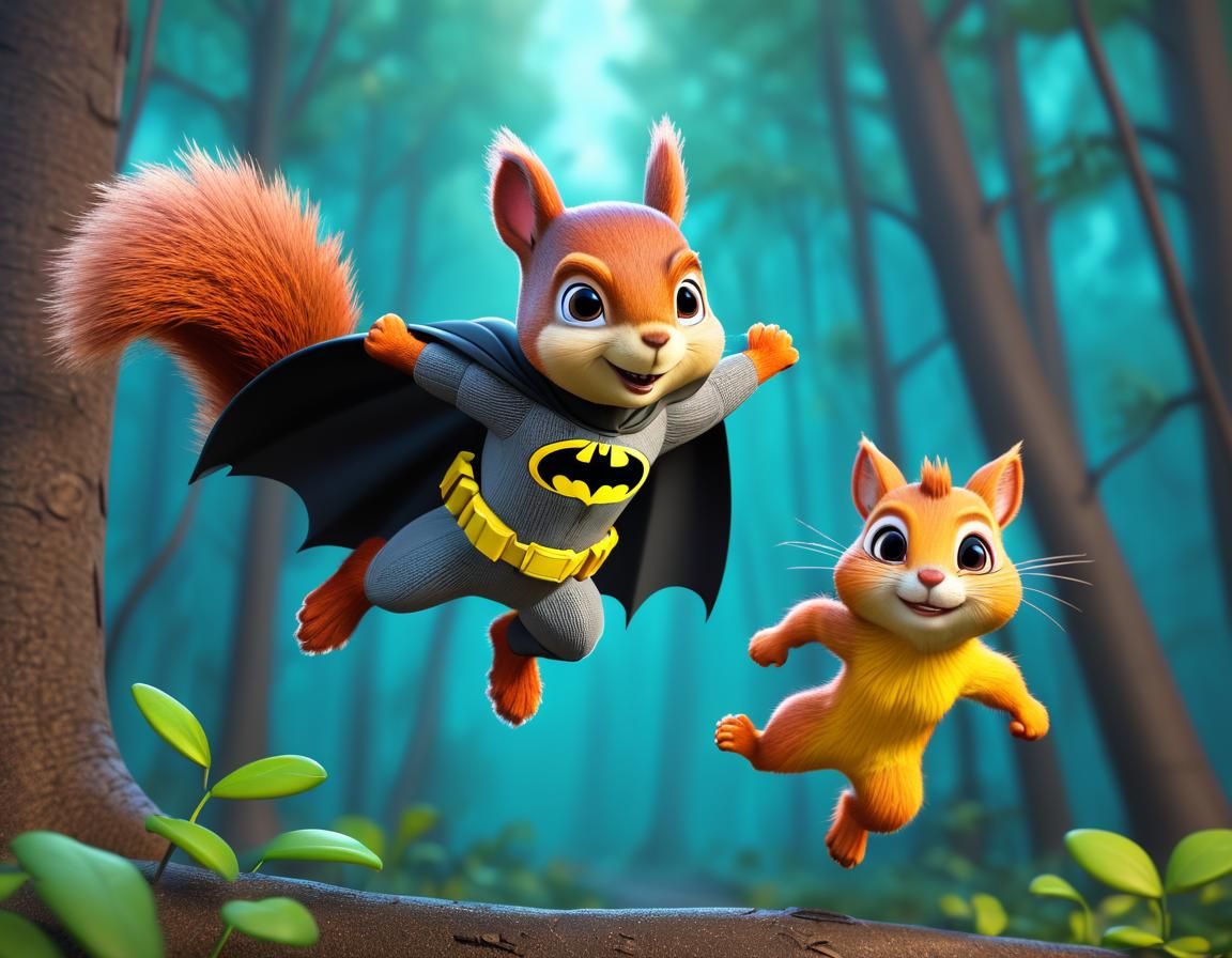 Batman Squirrel Rescues Blonde Squirrel: 3D Digital Art