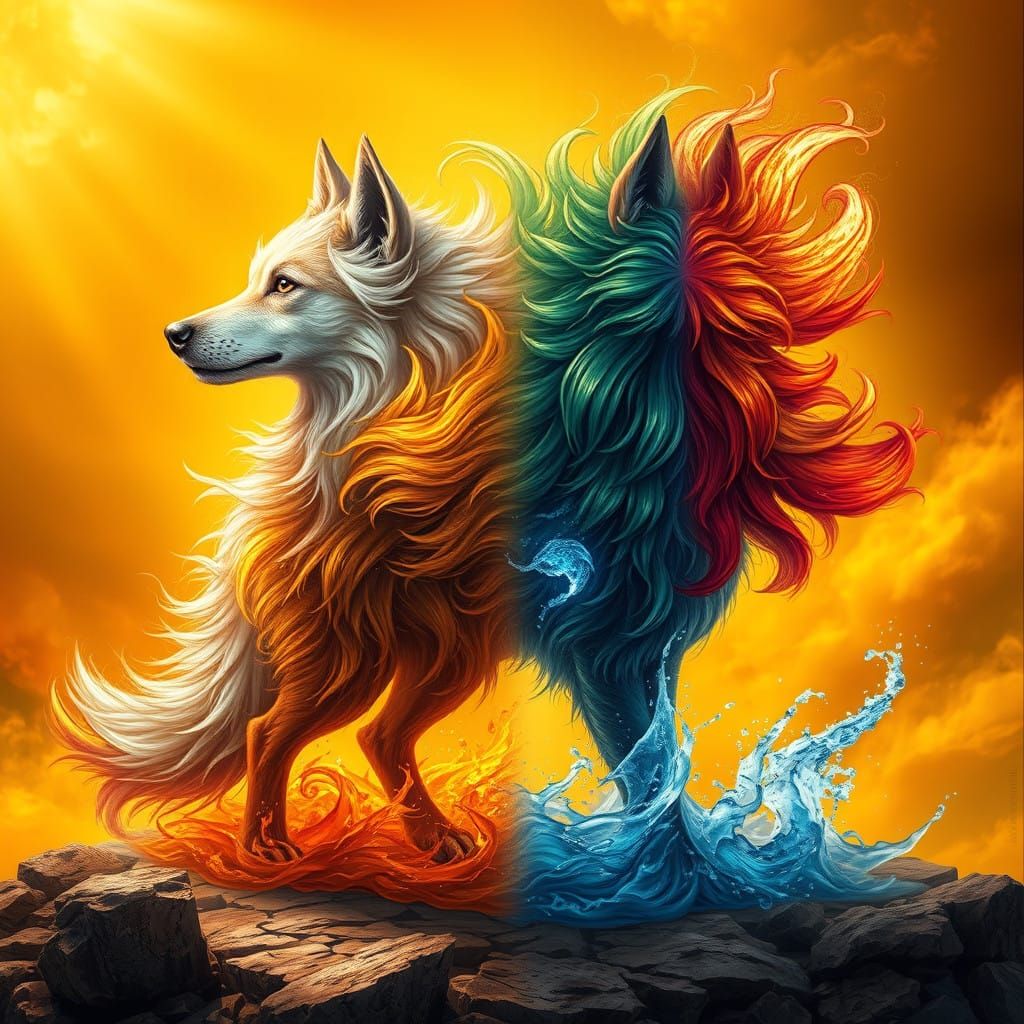 Fantastical Quadruple-Element Canine in Golden Backdrop