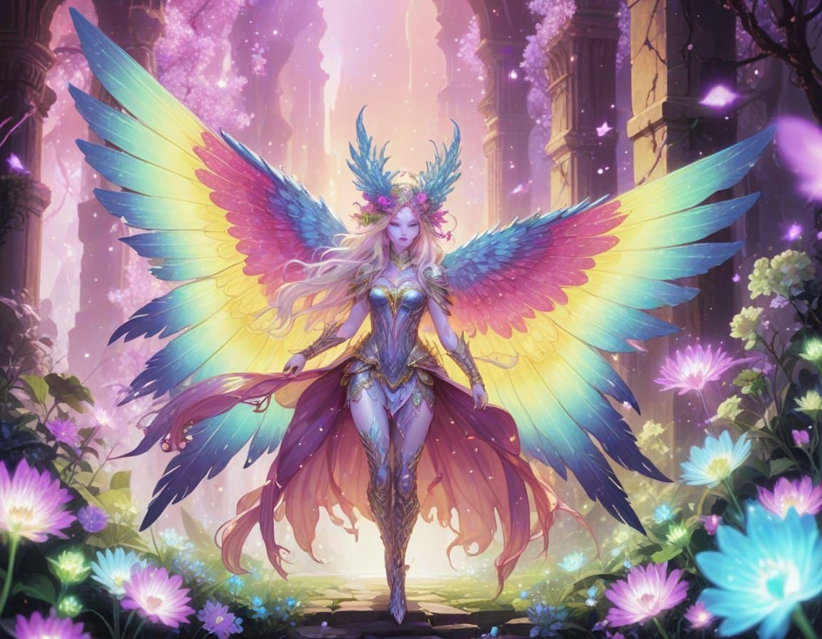 Ethereal Demon Surrounded by Bioluminescent Flowers