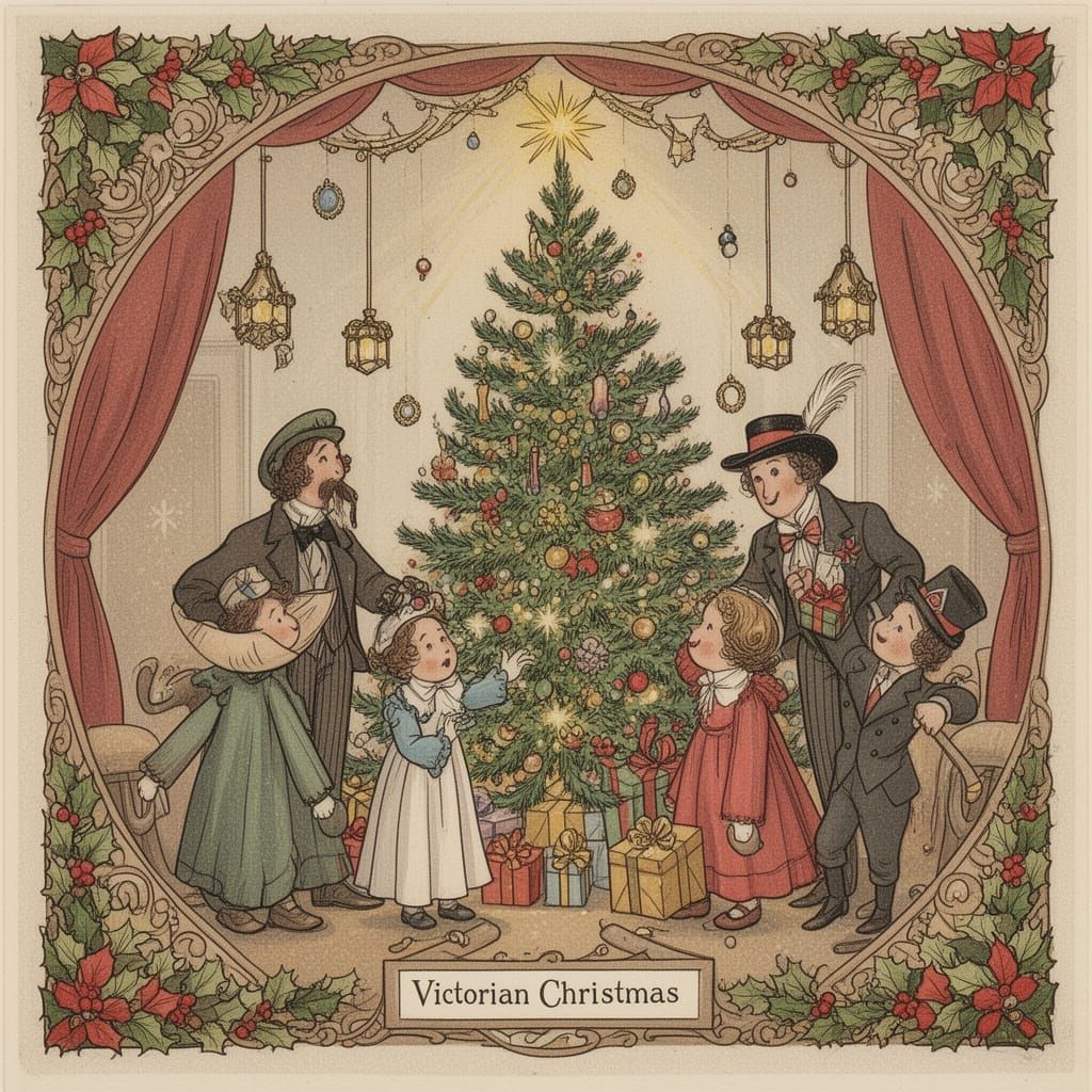 Victorian Family Christmas Card in Cartoon Style
