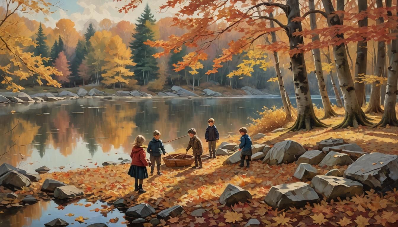 Children Playing in Autumn Landscape as Oil Painting