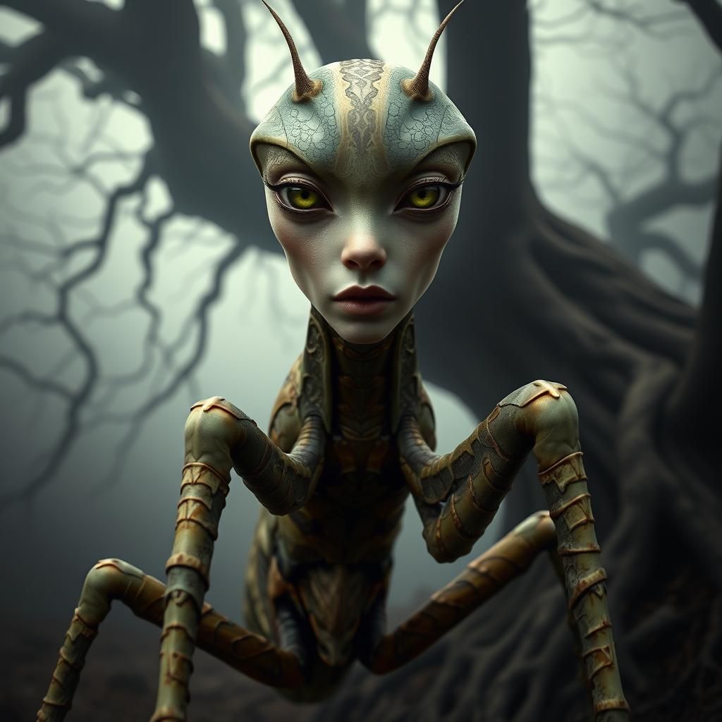 Ethereal Insect Woman in Dark Biomechanical World