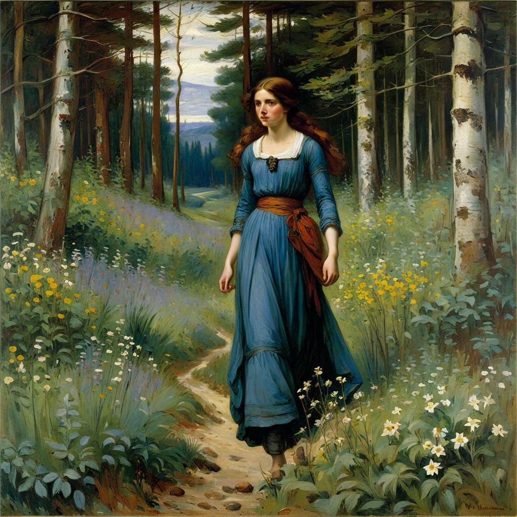 Woman Wandering Through Wildflower Meadow in Waterhouse Styl...