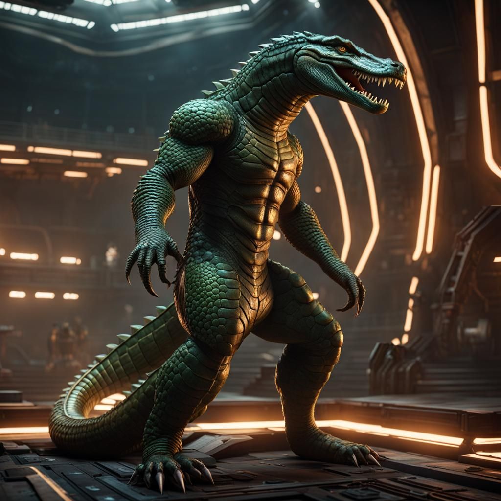 Muscular Reptile Humanoid in Sci-Fi Arena