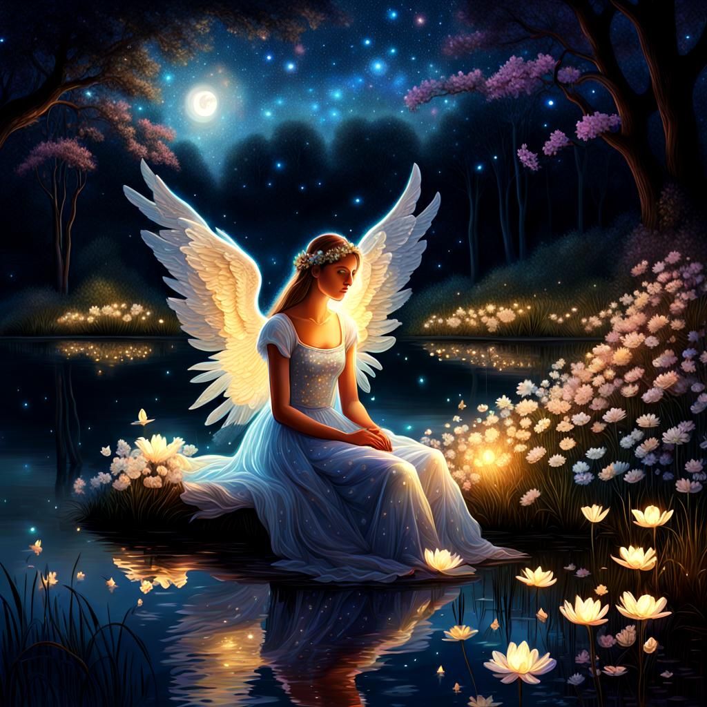 Floral Angel in Illuminated Forest, Cosmic Art