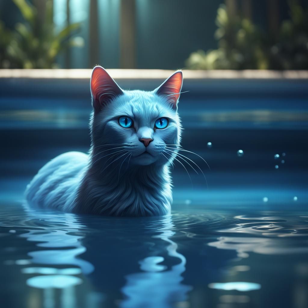 Blue Cat with Blue Eyes in Pool