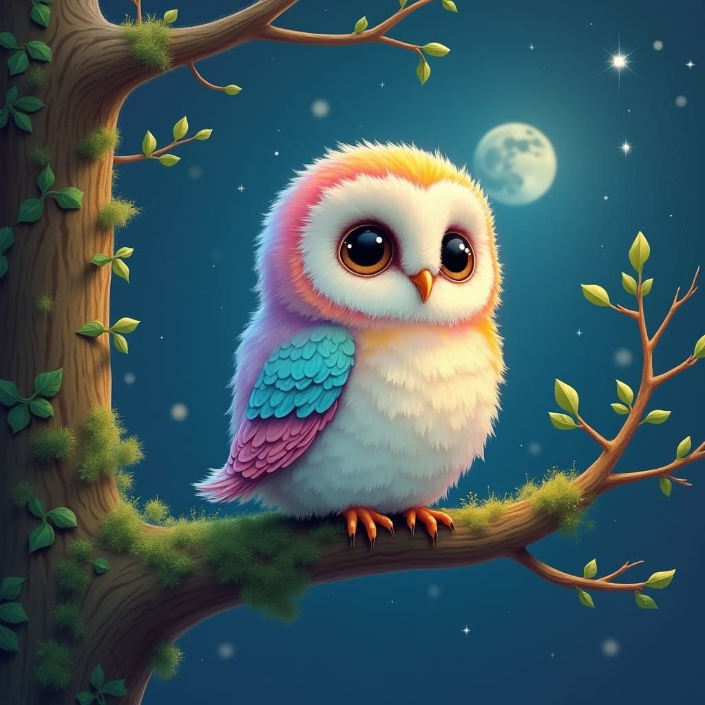 A sweet little rainbow owl looks to the night sky