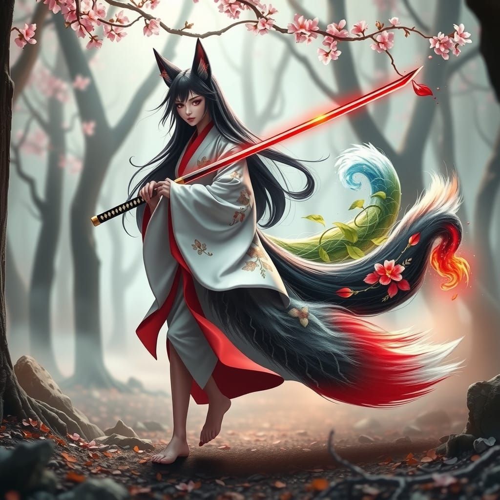 Mystical Nine-Tailed Kitsune in Cherry Blossom Forest