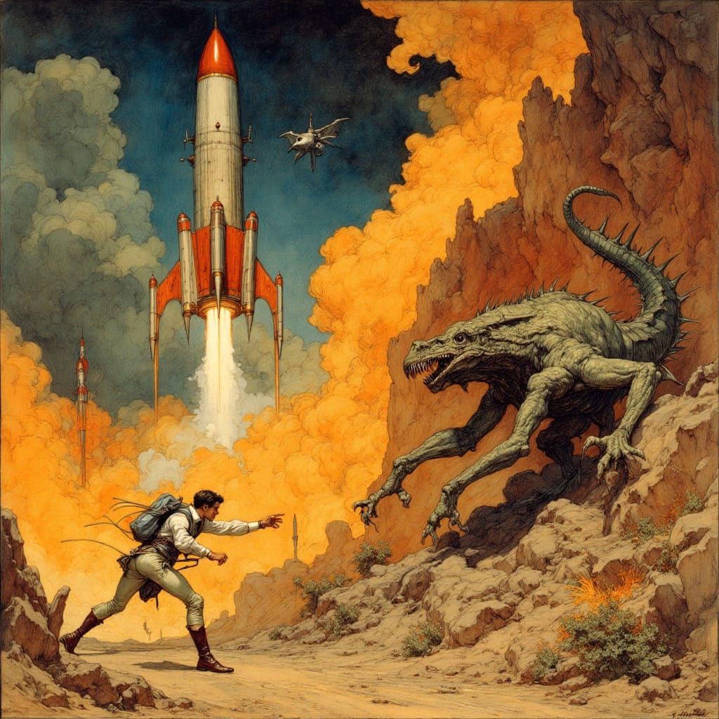 Vintage Sci-Fi Pulp Art: Rocket Launch and Alien Battle