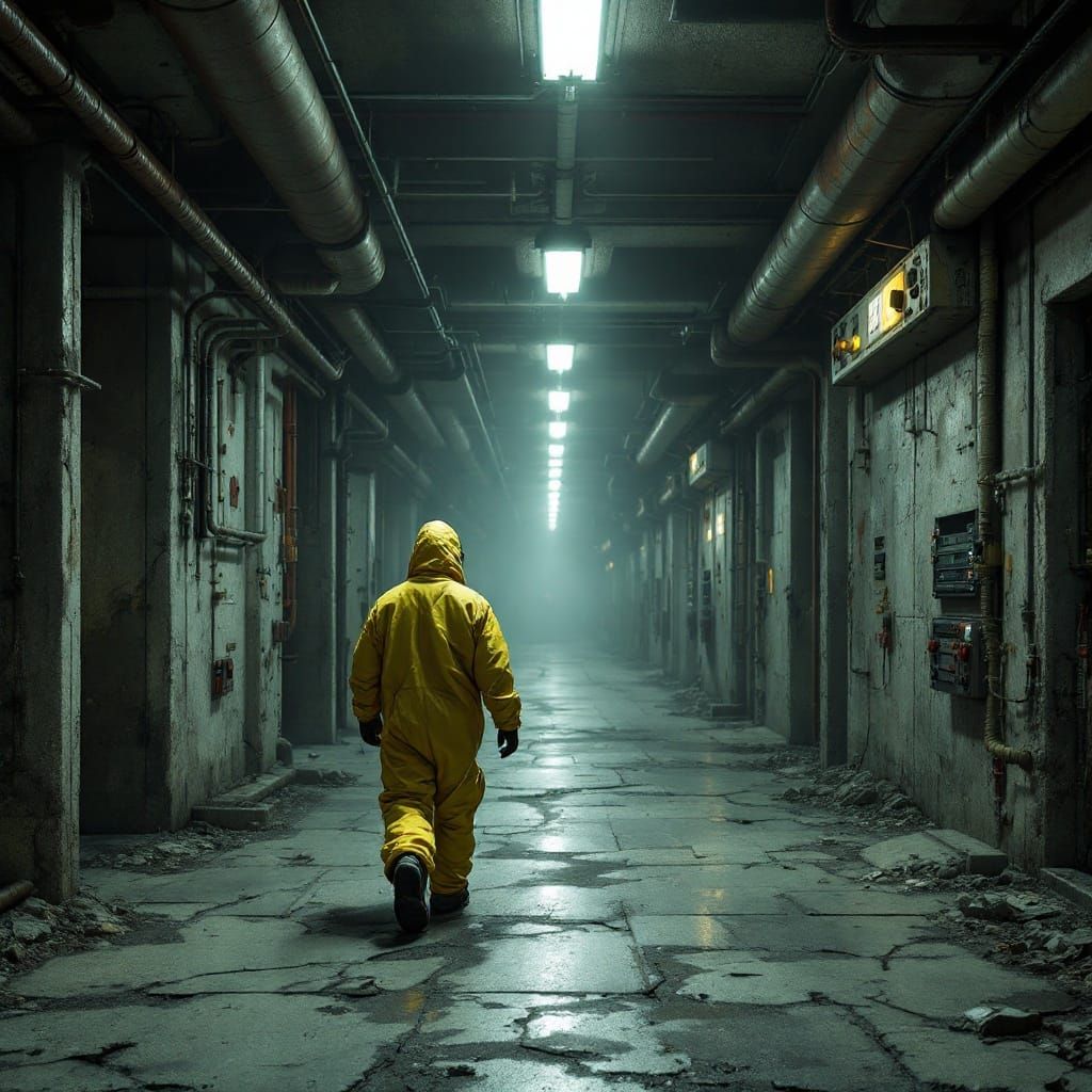 Worn Figure in Crumbling Underground Bunker, Photorealistic ...