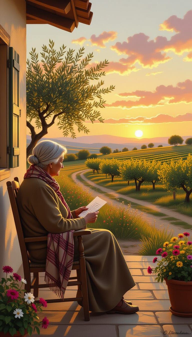 Elderly Mother's Hopeful Gaze at Sunset