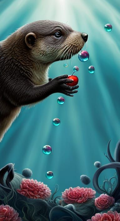 Gothic Otter Blowing Bubbles Underwater in Hyperrealism