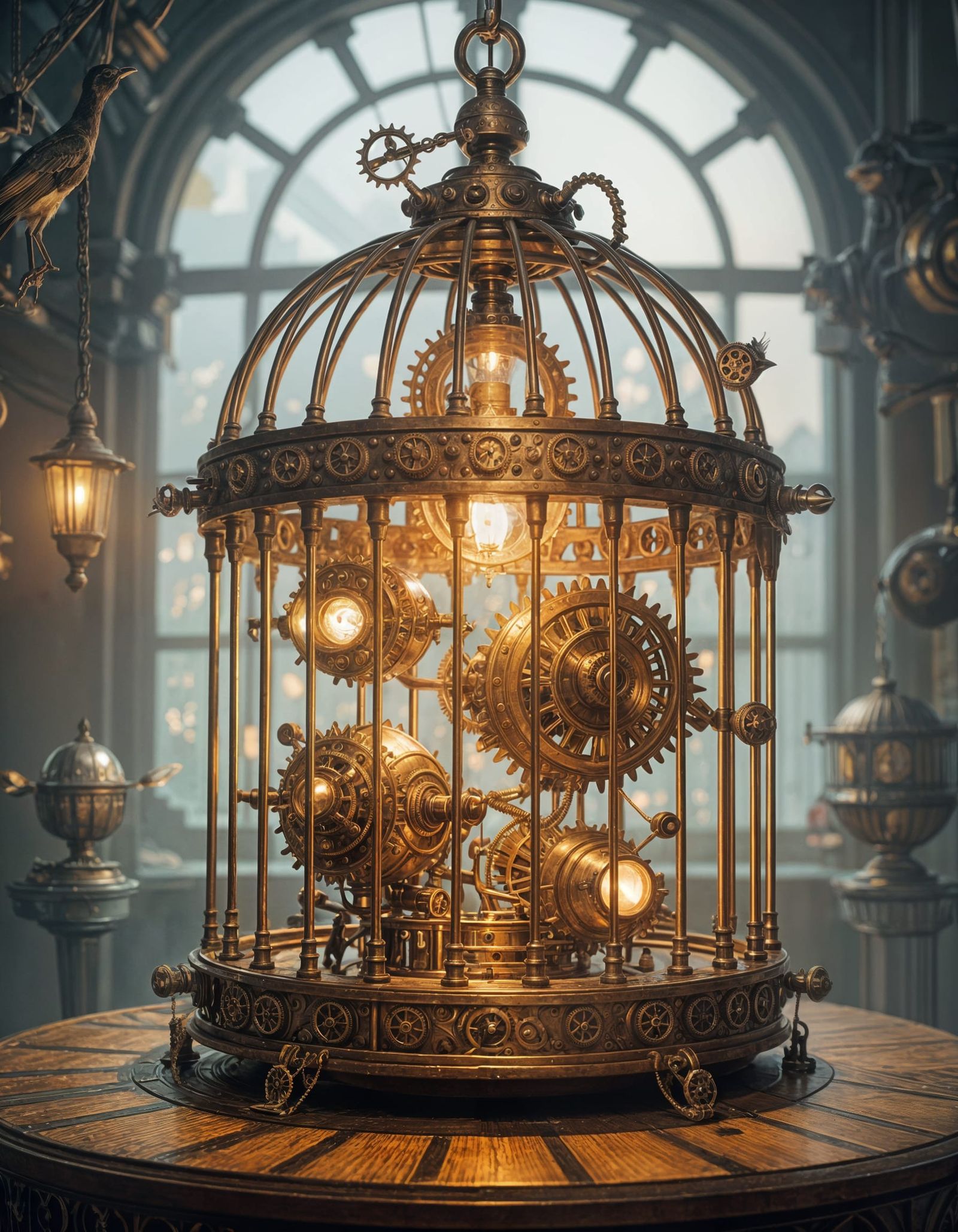 Steampunk Birdcage With Mechanical Creatures and Glowing Eye...