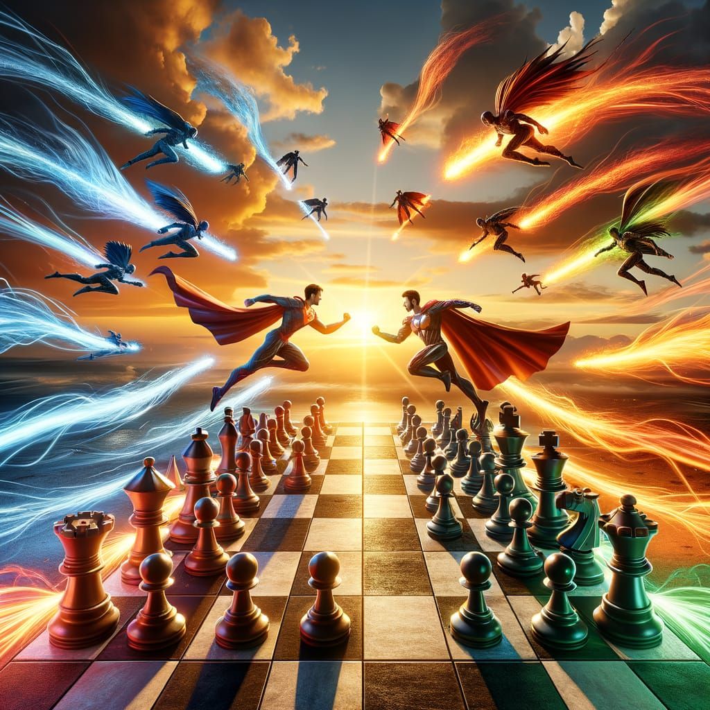 Superpowered Chess Battle at Sunset - Hyperrealistic