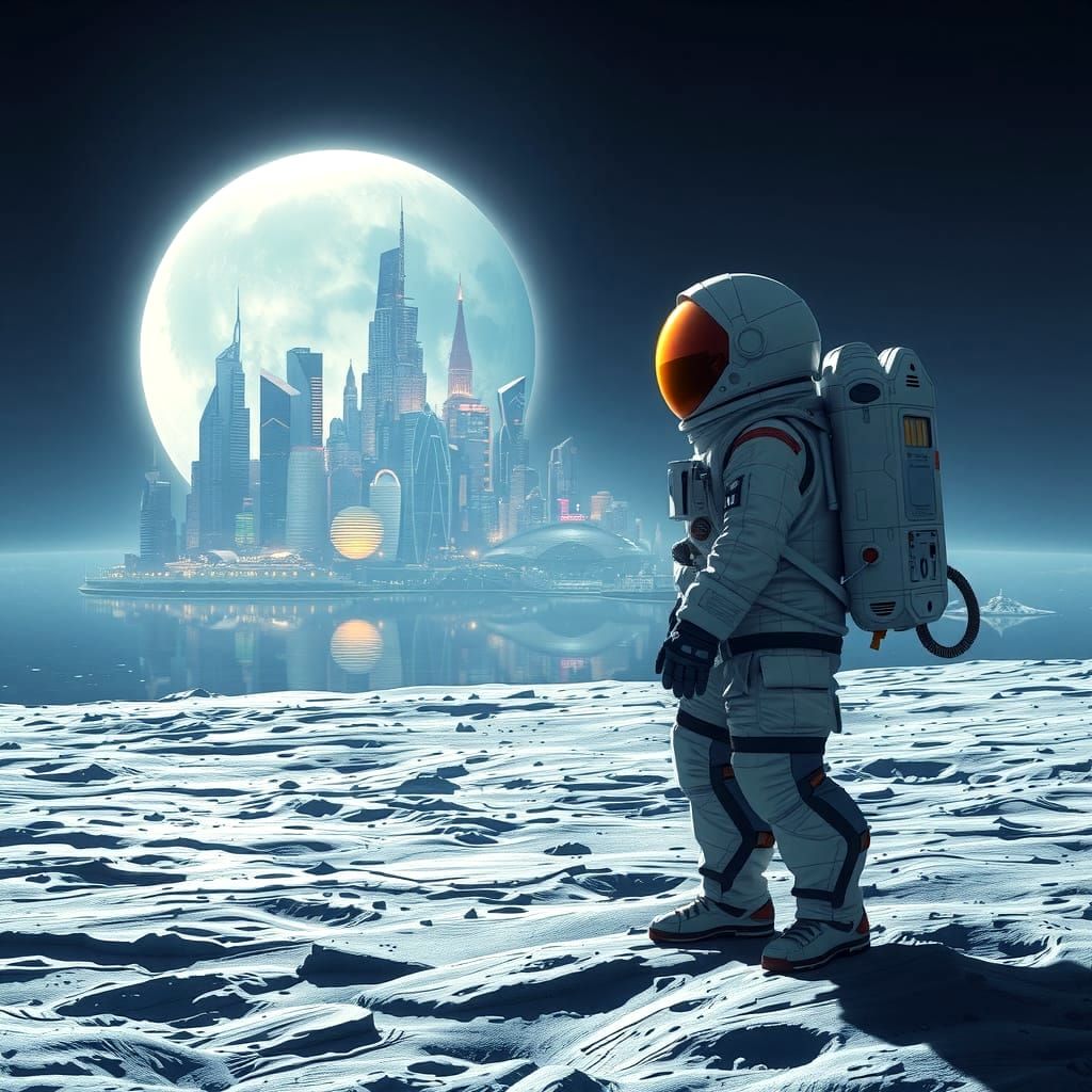 Astronaut Gazing Up at Futuristic Earth Cityscape in Moonlig...