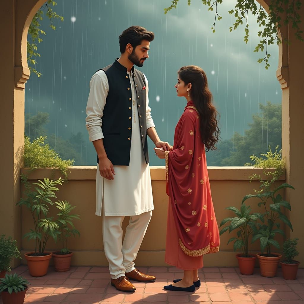 Pakistani Man and Woman on Balcony in Stormy Weather