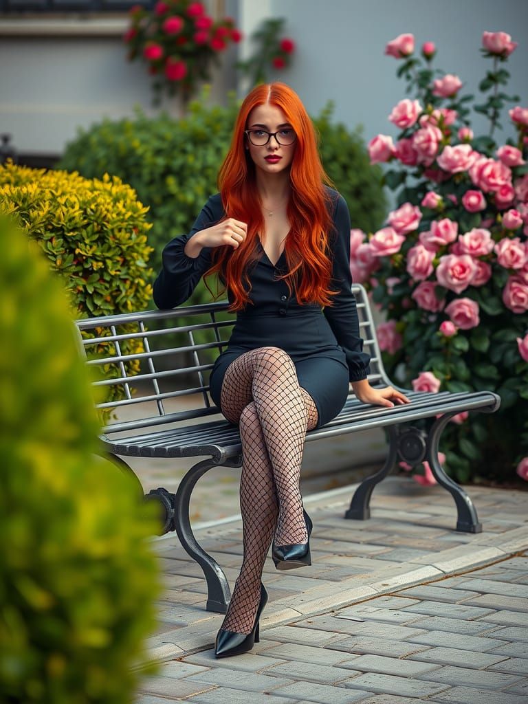 The woman  with very long red hair. She's wearing black, very high-heeled pointed-toe pumps, black fishnet stockings, a ...