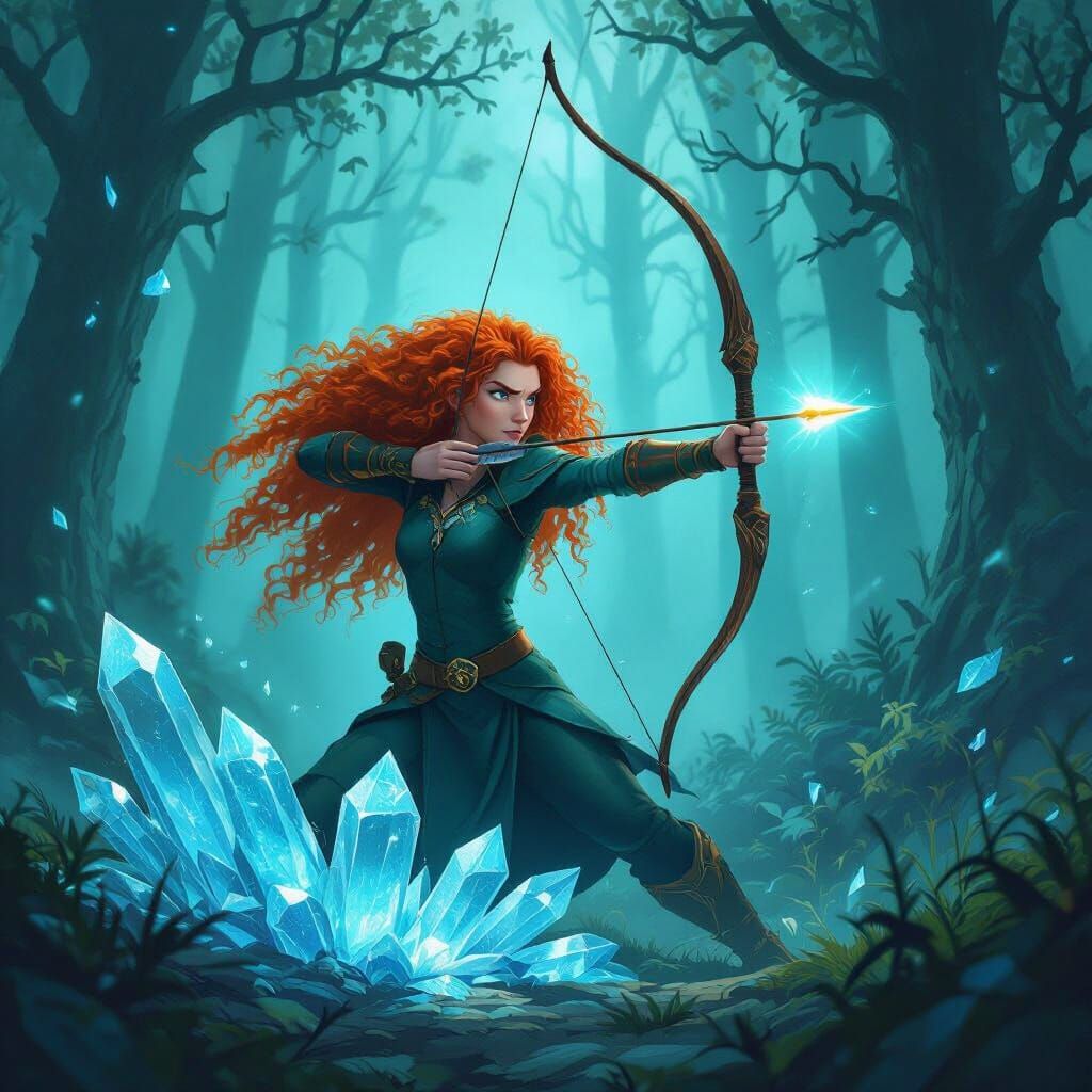 Merida the Archer Fires Glowing Arrow in Misty Forest
