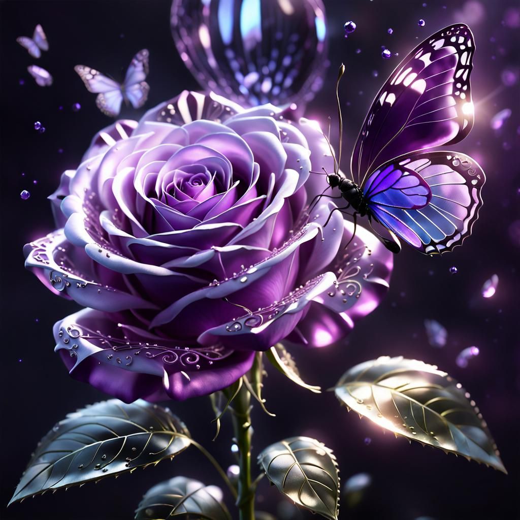 Crystal Rose and Butterfly in Ethereal Digital Art