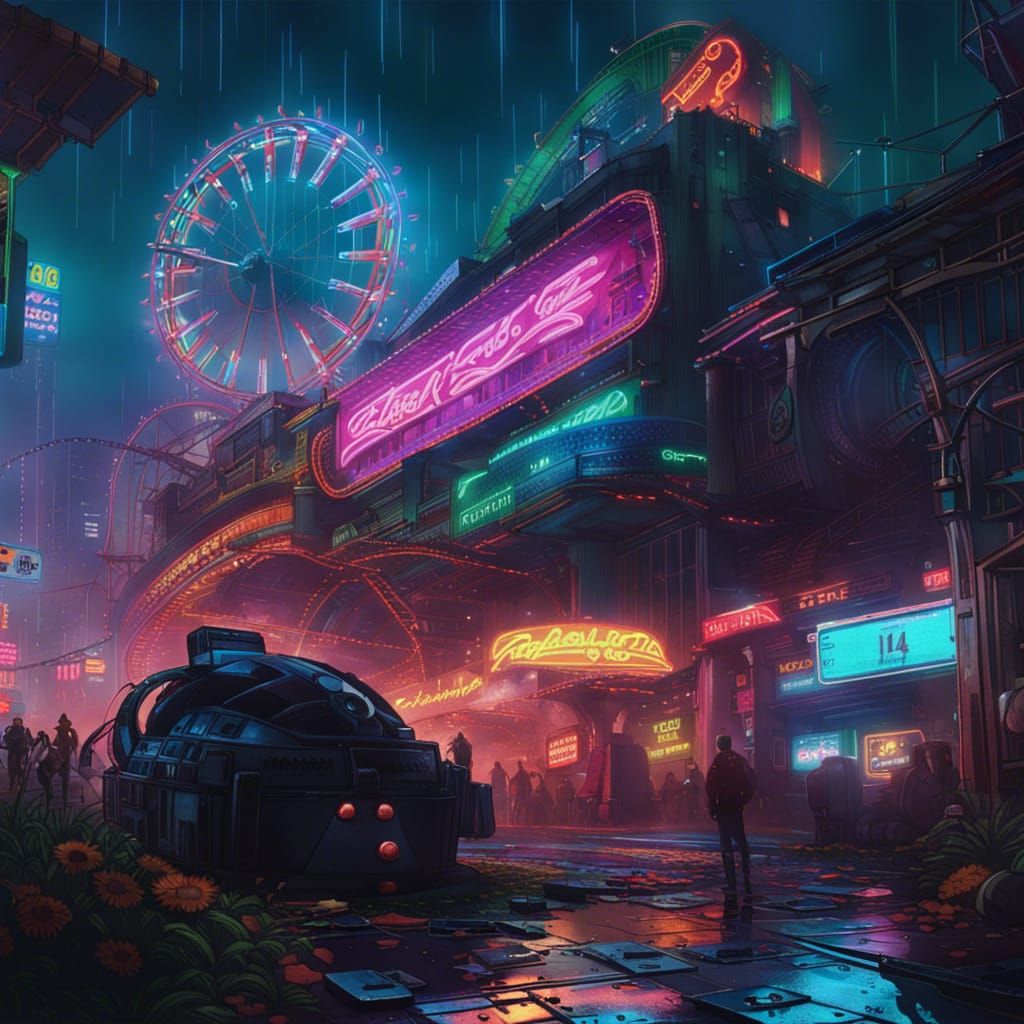 Cyberpunk Laughter Amidst Ruins and Flower Rain