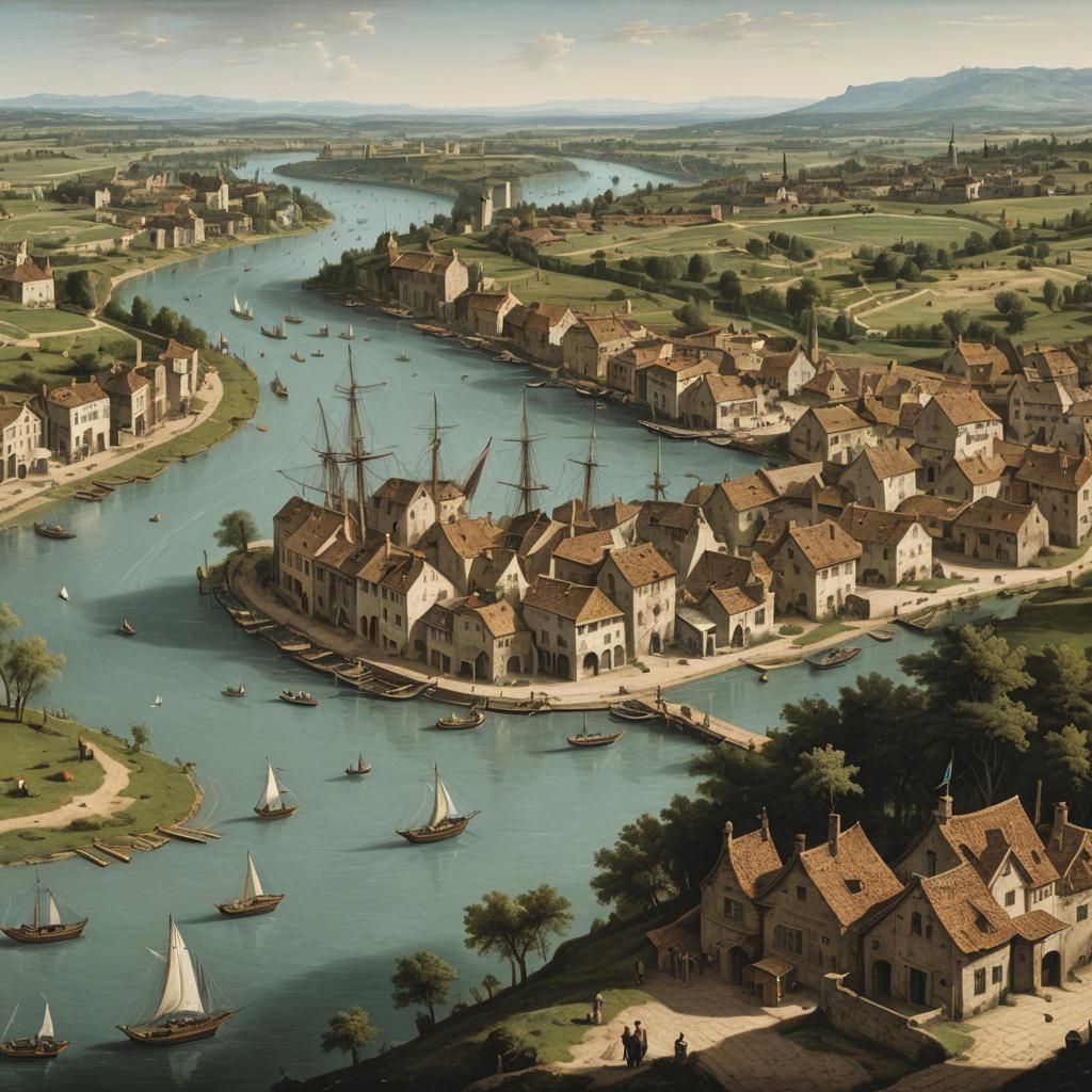 River Scene with Trading Post in Canaletto Style