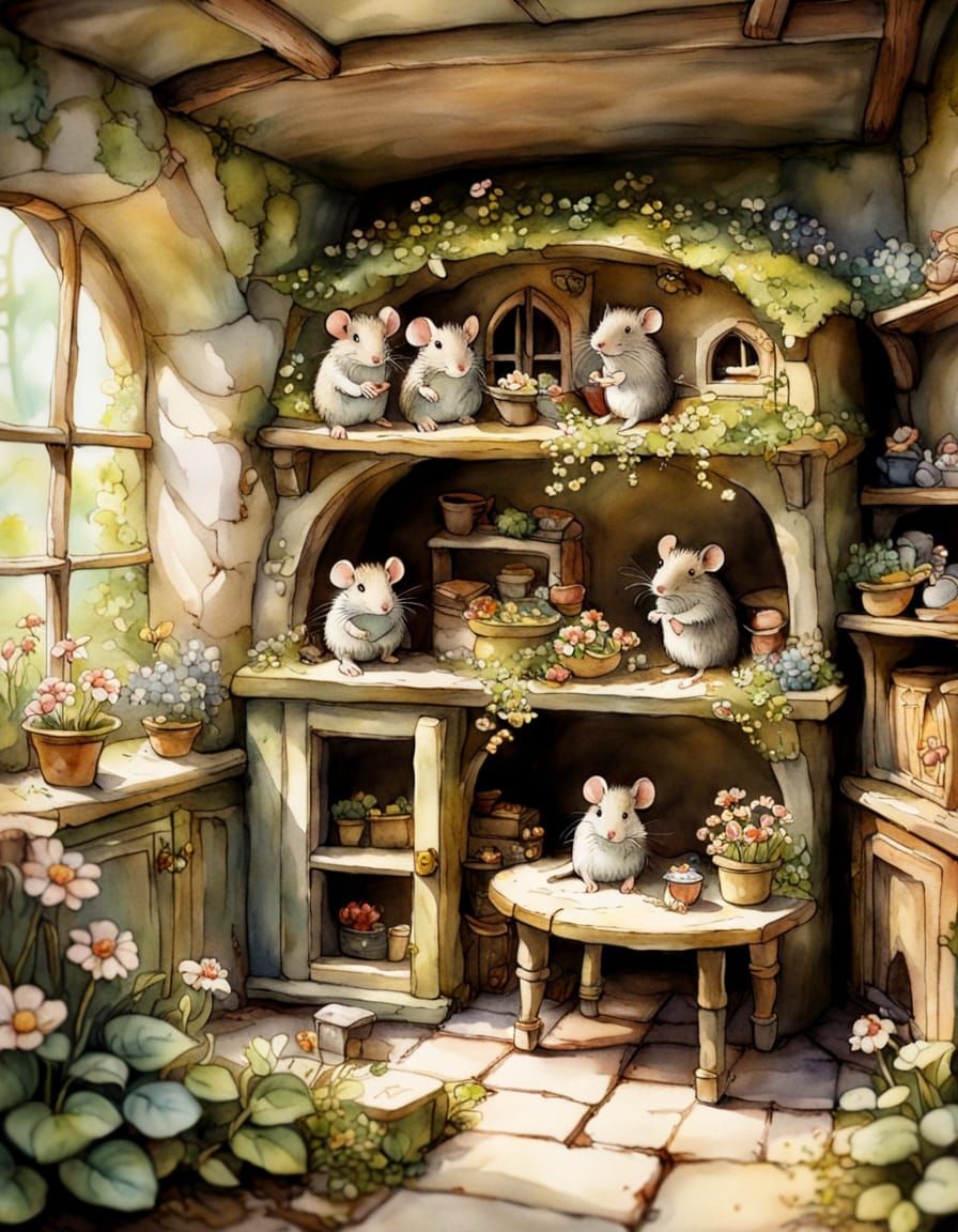 Whimsical Underground Mouse Home in Watercolour Style