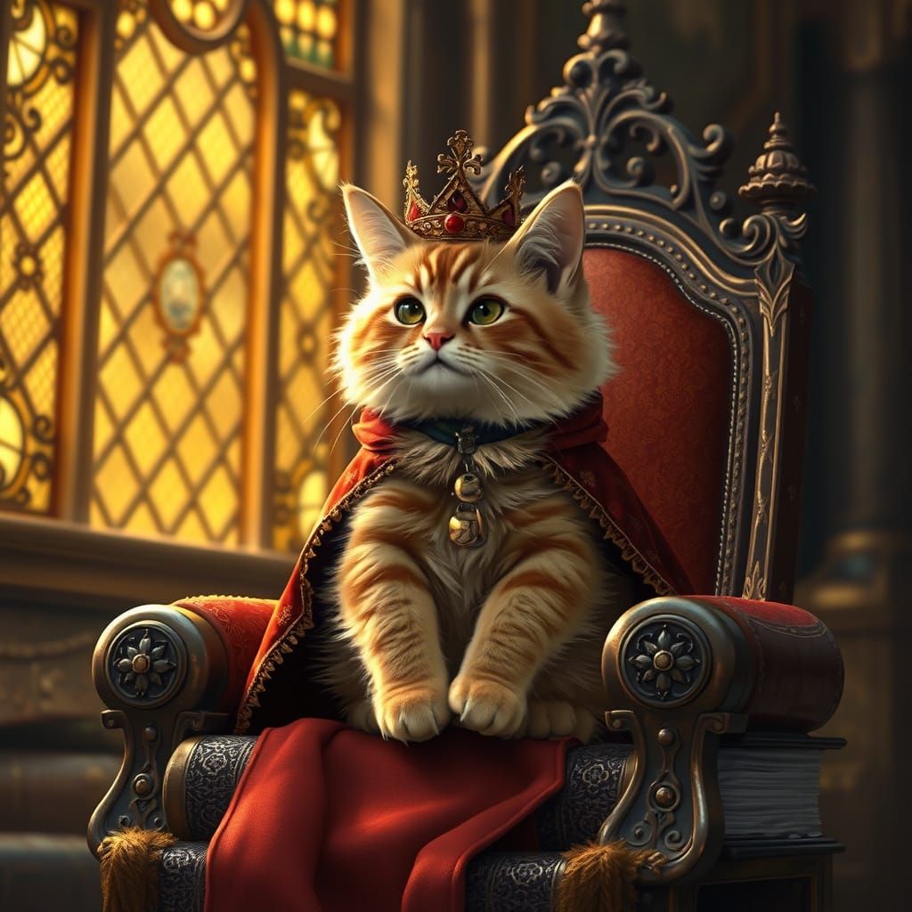 Regal Ginger Cat King on Book Throne