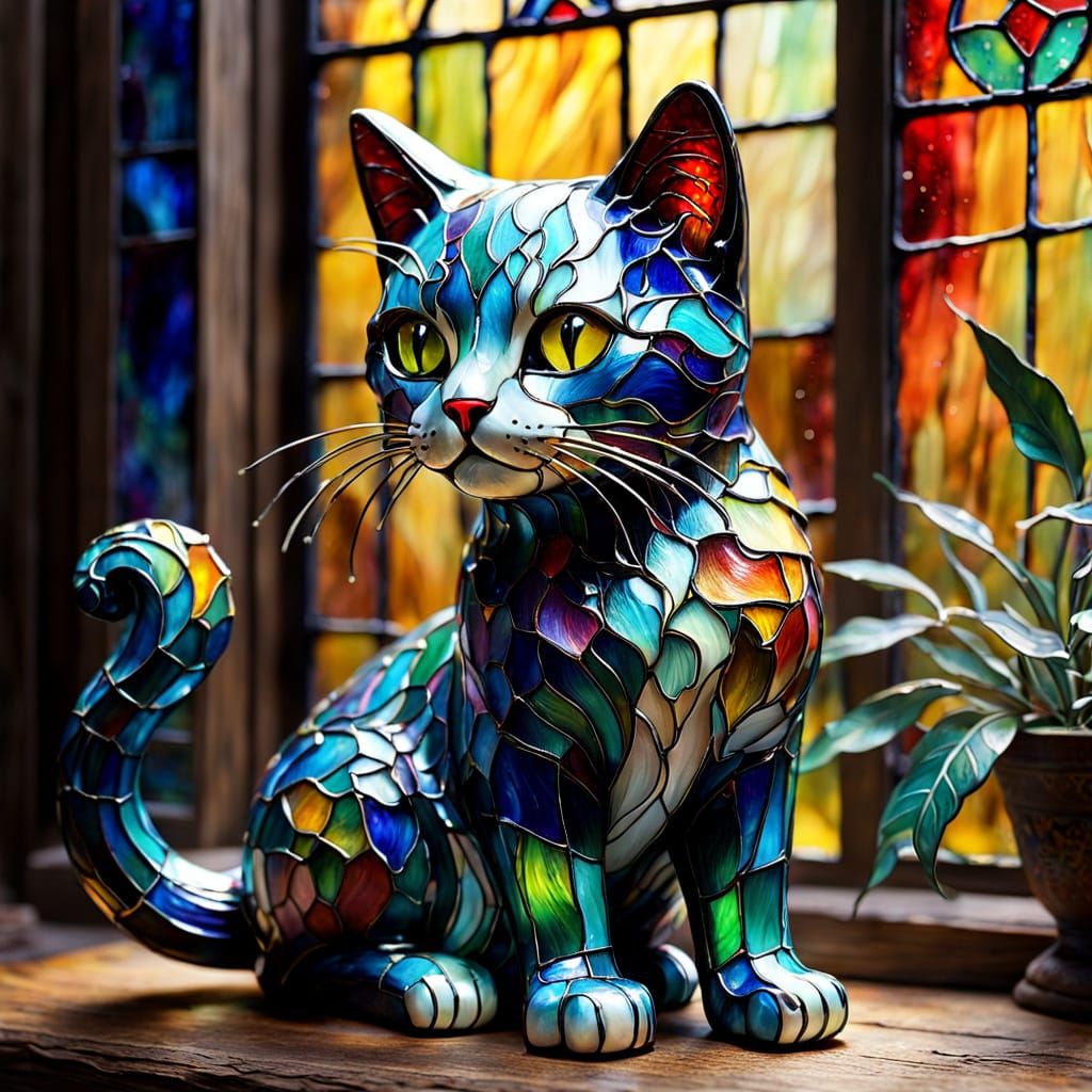 Stained Glass Cat Figurine in Whimsical Setting