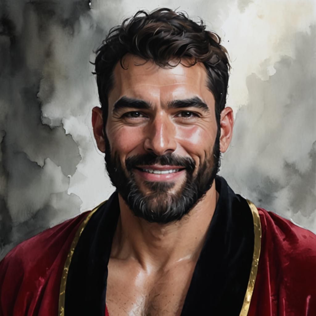 Hirsute Man in Red Velvet Robe as Impressionist Painting