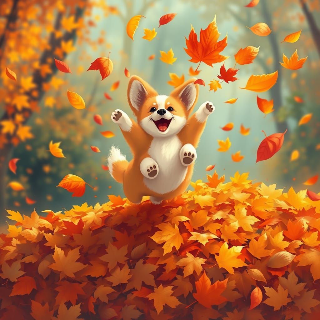 Fluffy Corgi Leaping Into Autumn Leaves