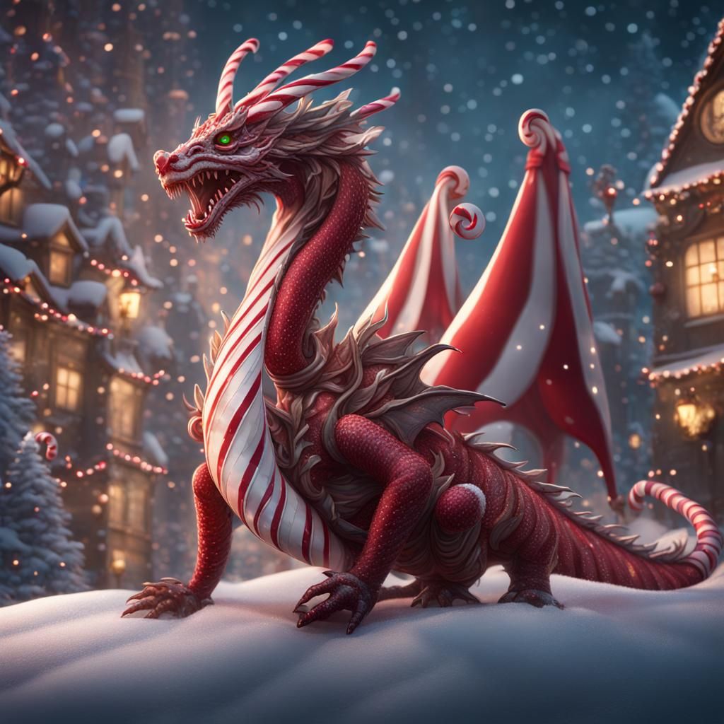 Candy Cane Dragon at Christmas: Detailed Matte Painting