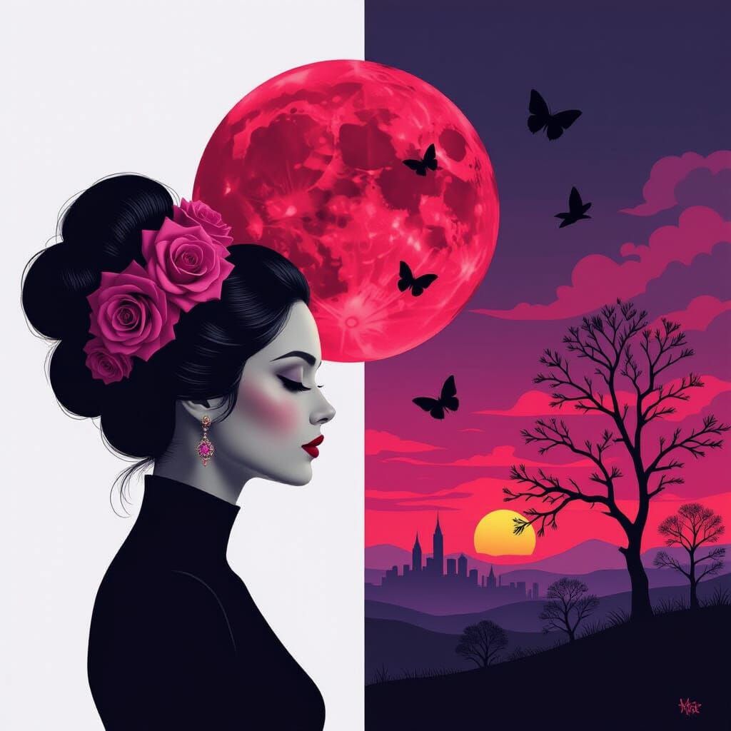 Surreal Portrait with Ethereal Landscape and Red Moon
