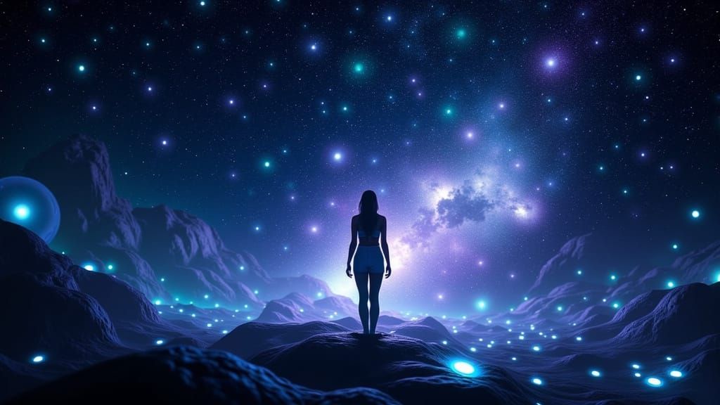 Woman in Starry Black Hole Scene, Cubist Style