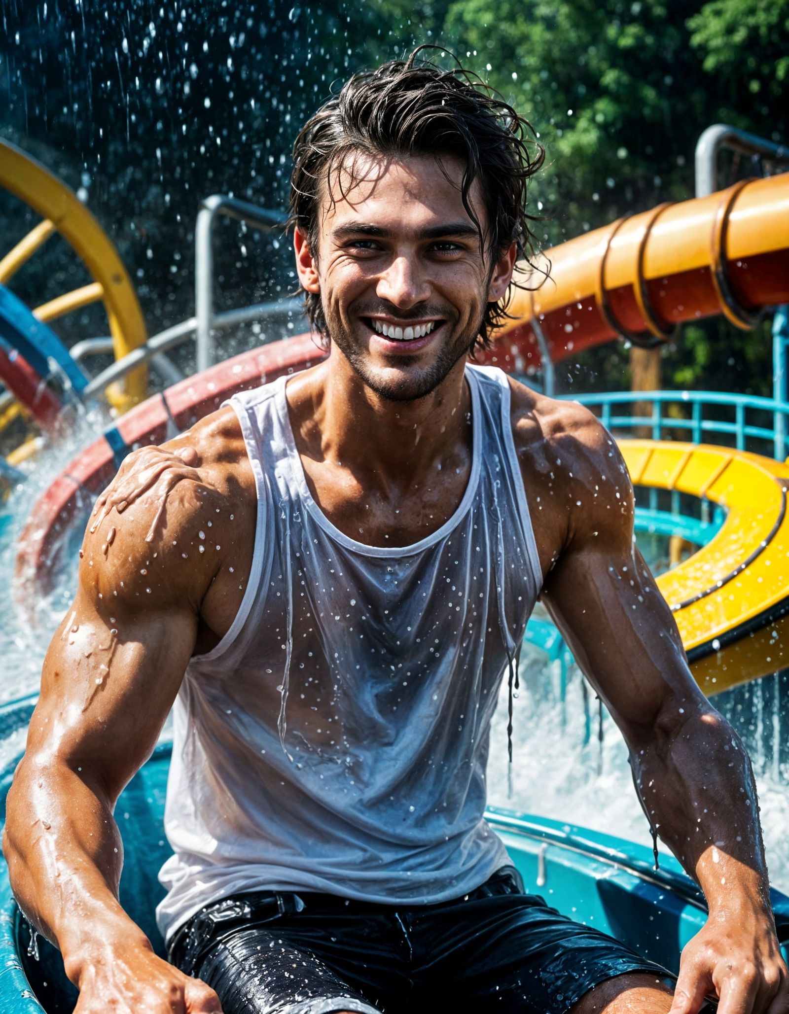 Drenched Adonis Rides Rollercoaster in Amusement Park