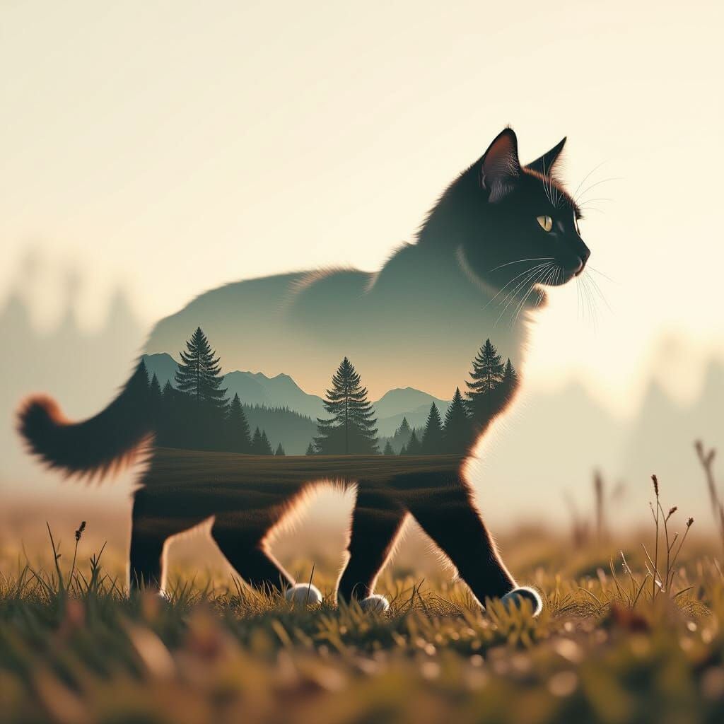 Whimsical Cat Over Dog Double Exposure in Earthy Tones