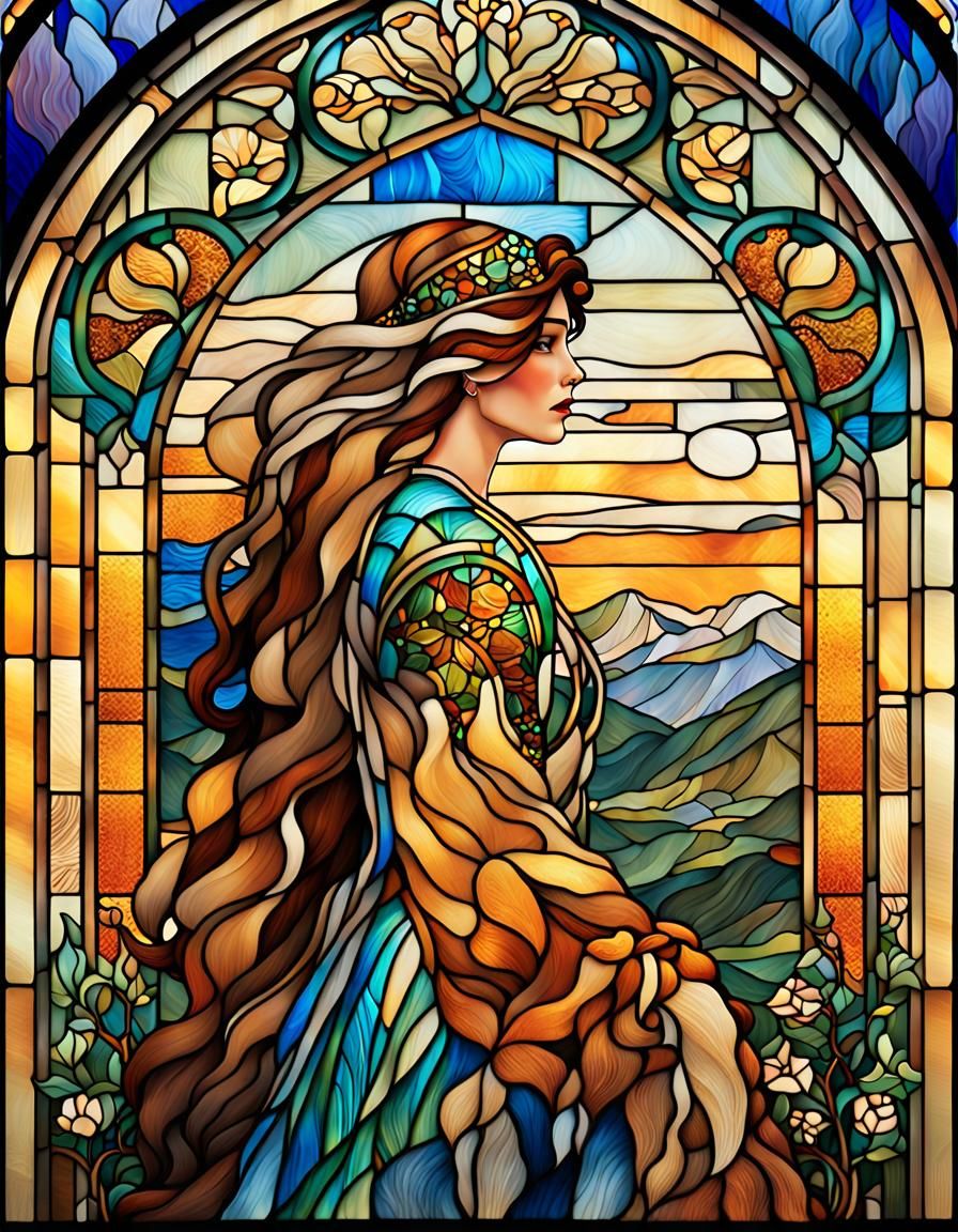 Art Nouveau Stained Glass Woman on Mountain