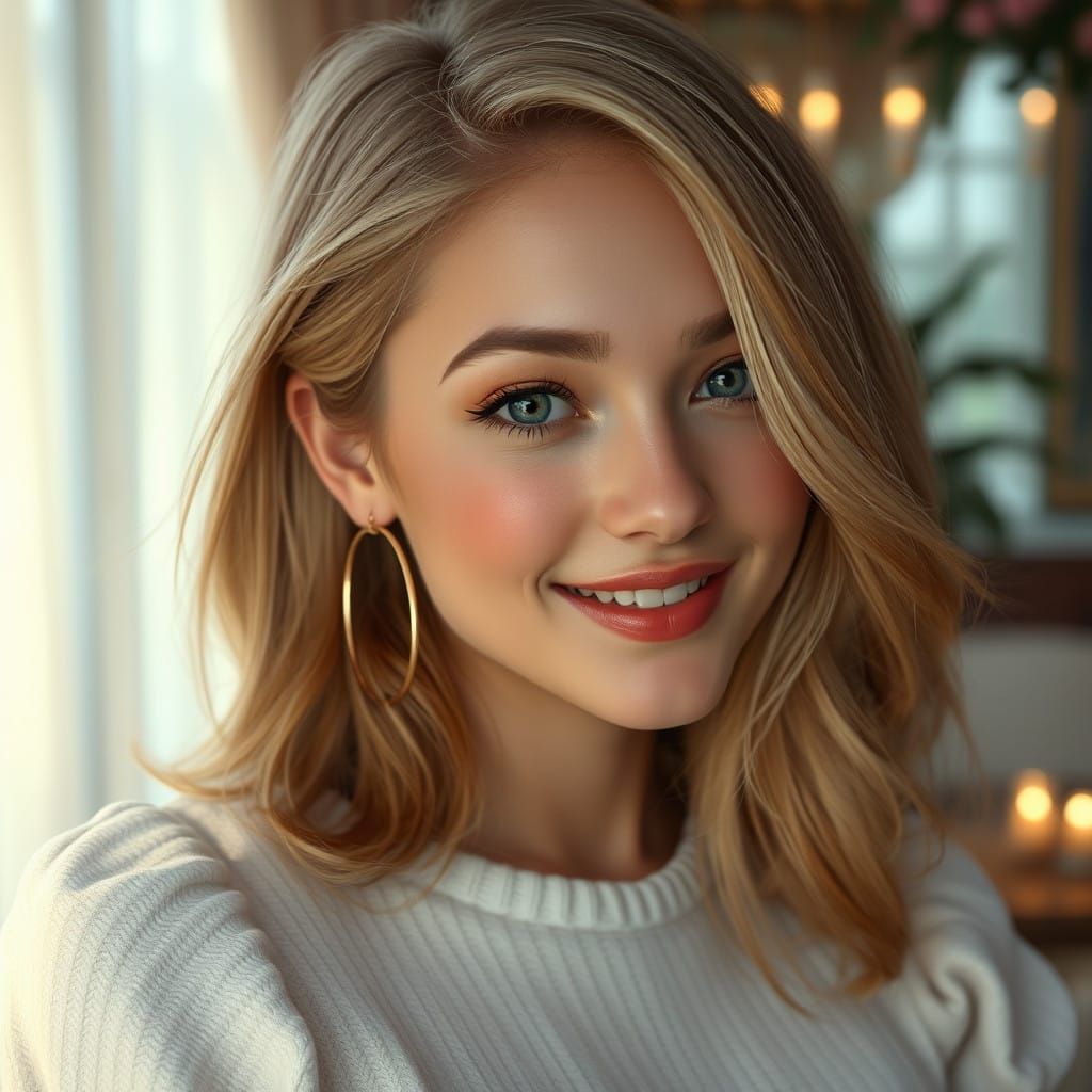 Radiant Young Woman in Elegant, Ultra-Feminine Style, as Fan...