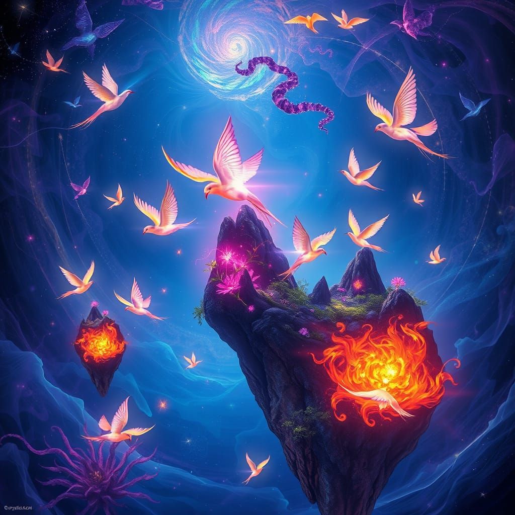 Ethereal Floating Islands with Glowing Birds