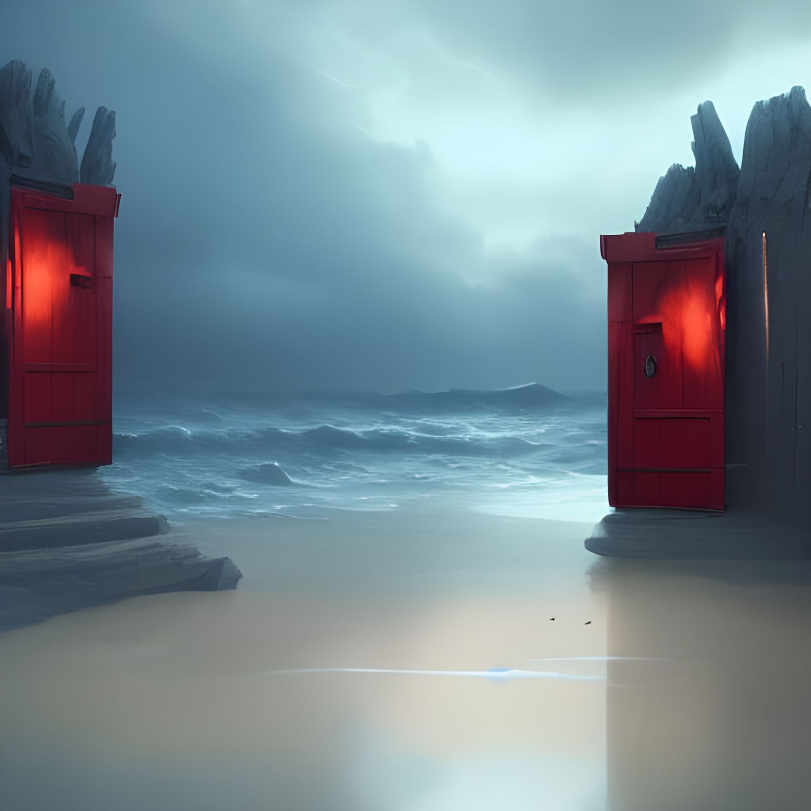 Red Door on Stormy Beach: Dark Fantasy Art