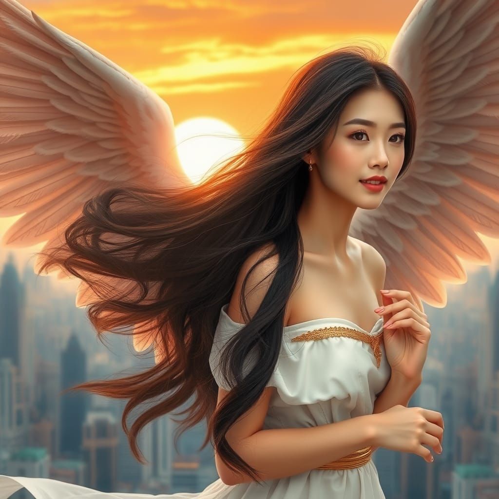 Winged Angelic Figure in Urban Sunset